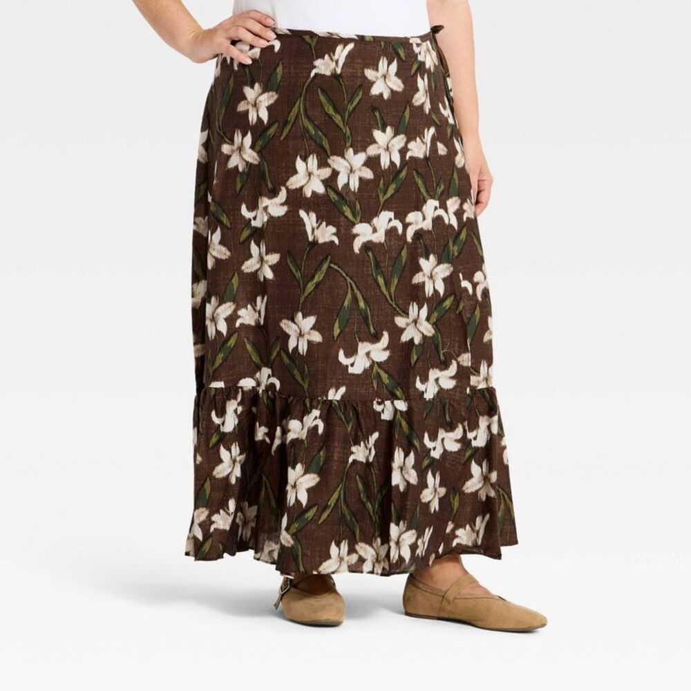 Women's Floral Wrap Maxi Skirt - A New Day Brown M